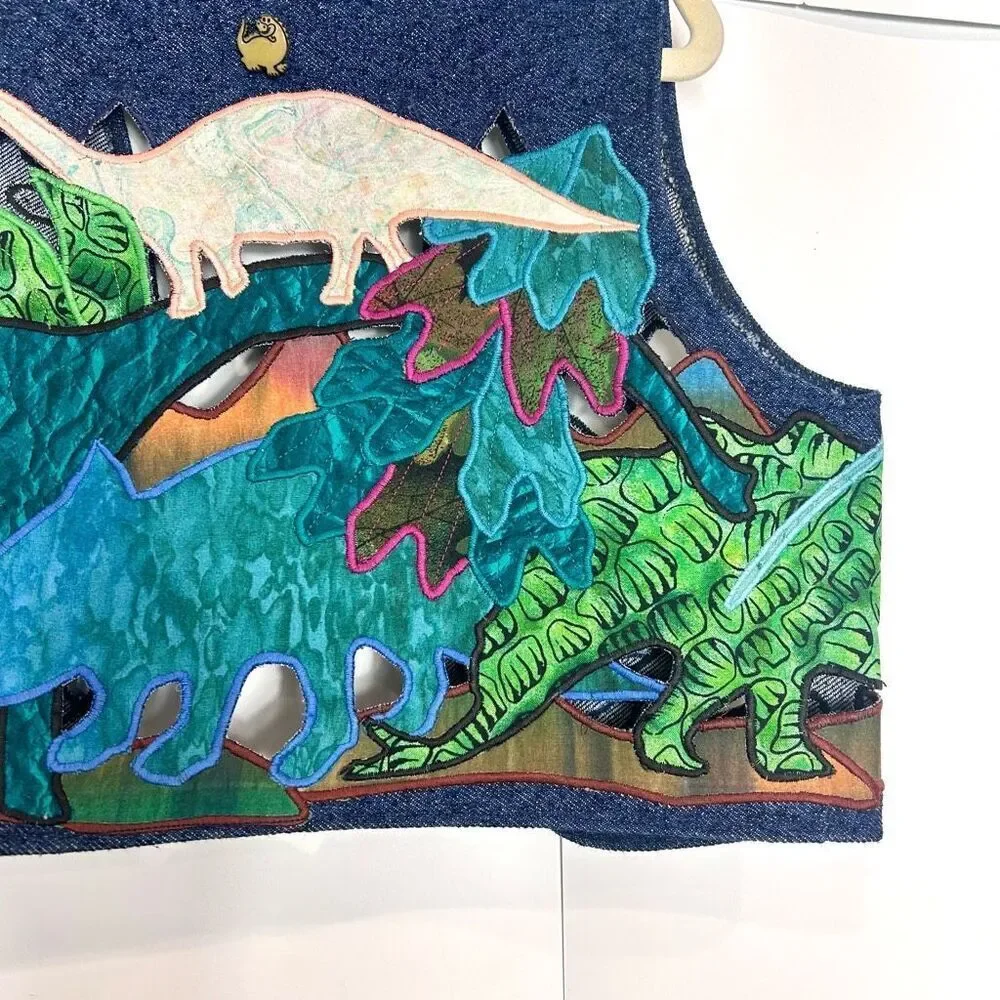 Vintage Handmade Dino Vest Kids Embroidered Blue western Applique Dinosaur Denim - Picture 4 of 10